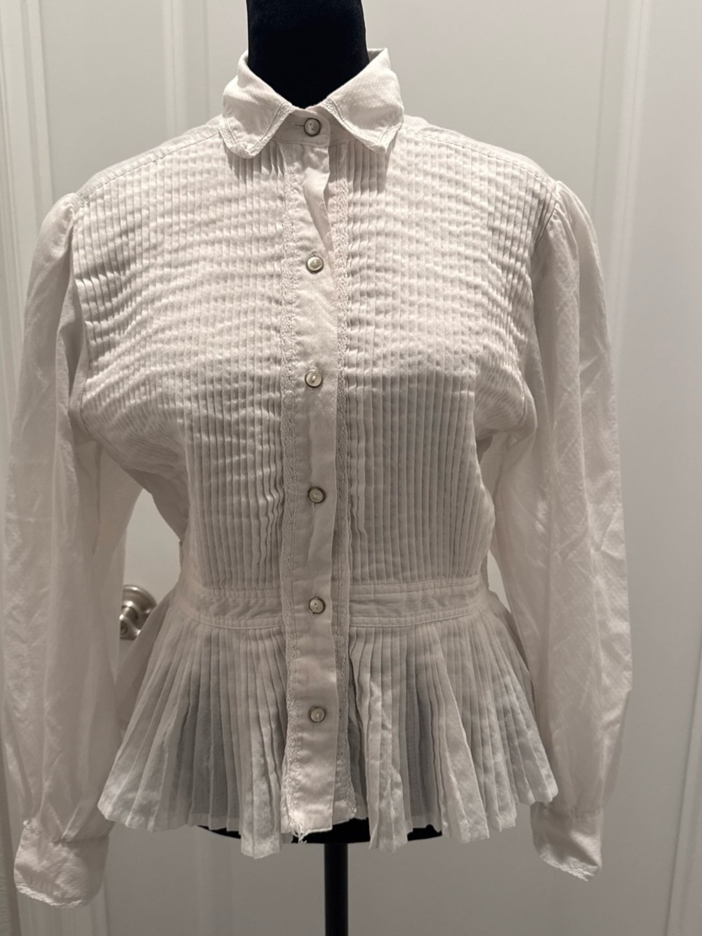 White Pintuck Peplum Button-Up Blouse